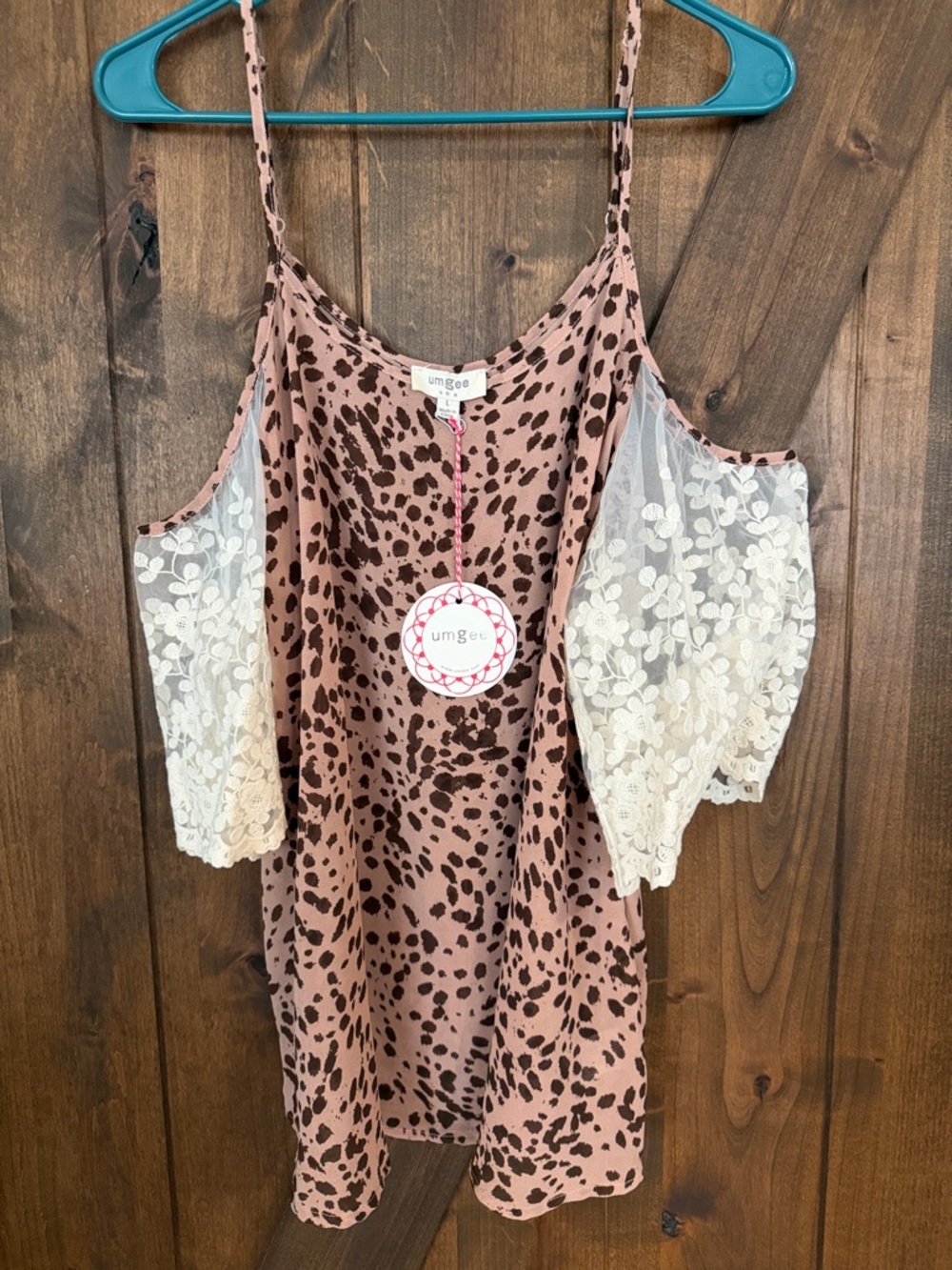 Umgee Leopard Cold-Shoulder Tank with Ivory Lace Sleeves